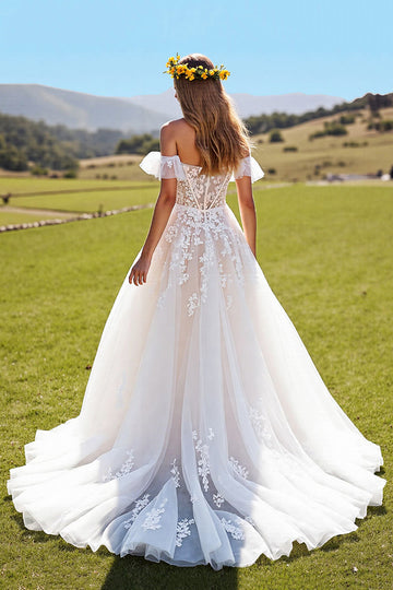 Off The Shoulder Corset Ivory Appliqued Long Wedding Dress